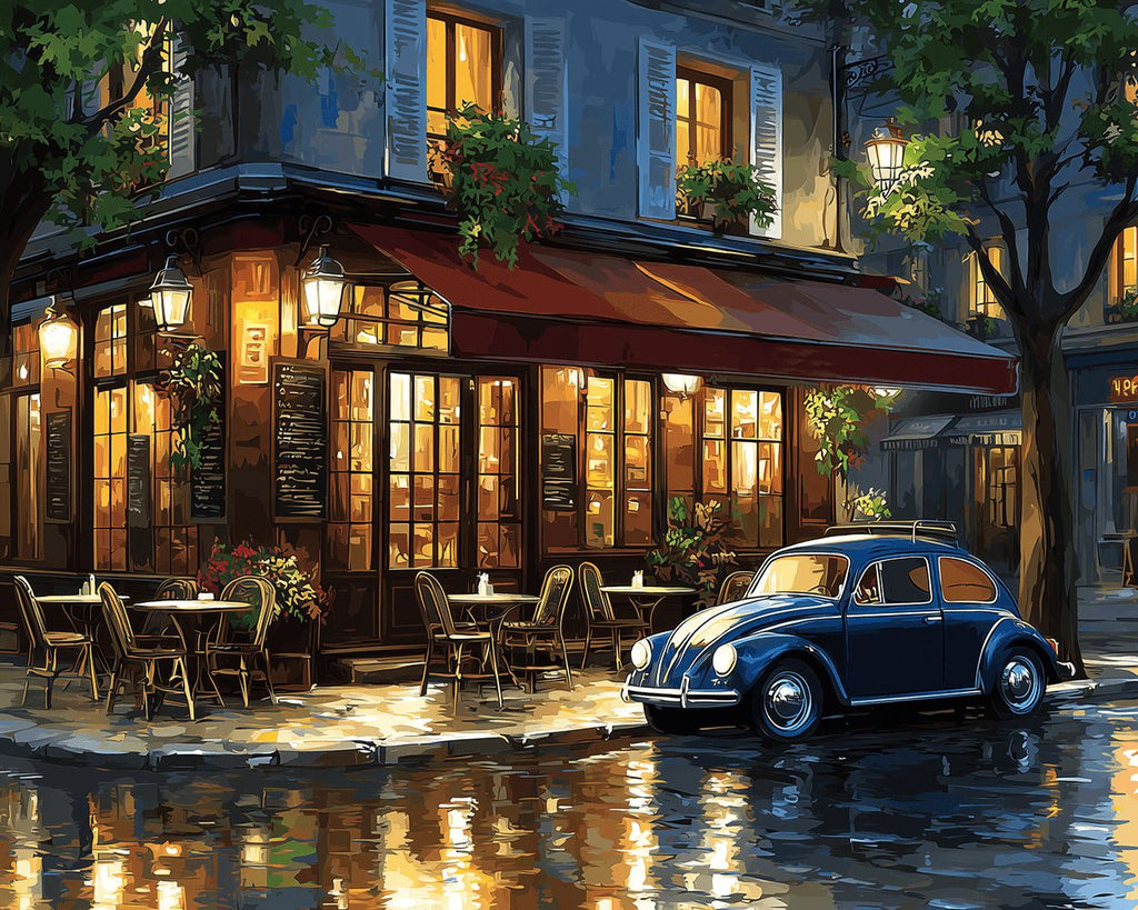 Kaffeehaus und Auto im nächtlichen Regen Malen nach Zahlen