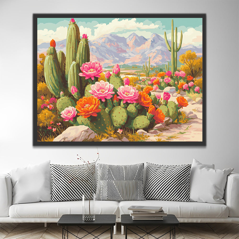 Kaktus mit rosa und orangenen Blüten Malen nach Zahlen