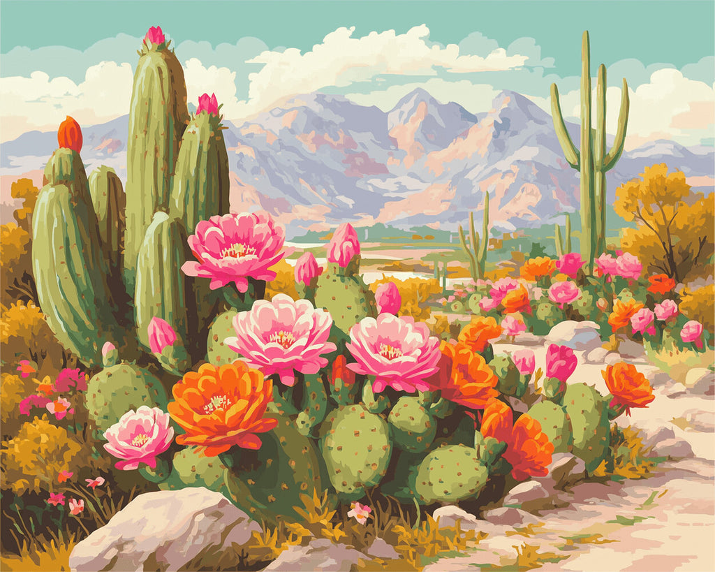 Kaktus mit rosa und orangenen Blüten Malen nach Zahlen