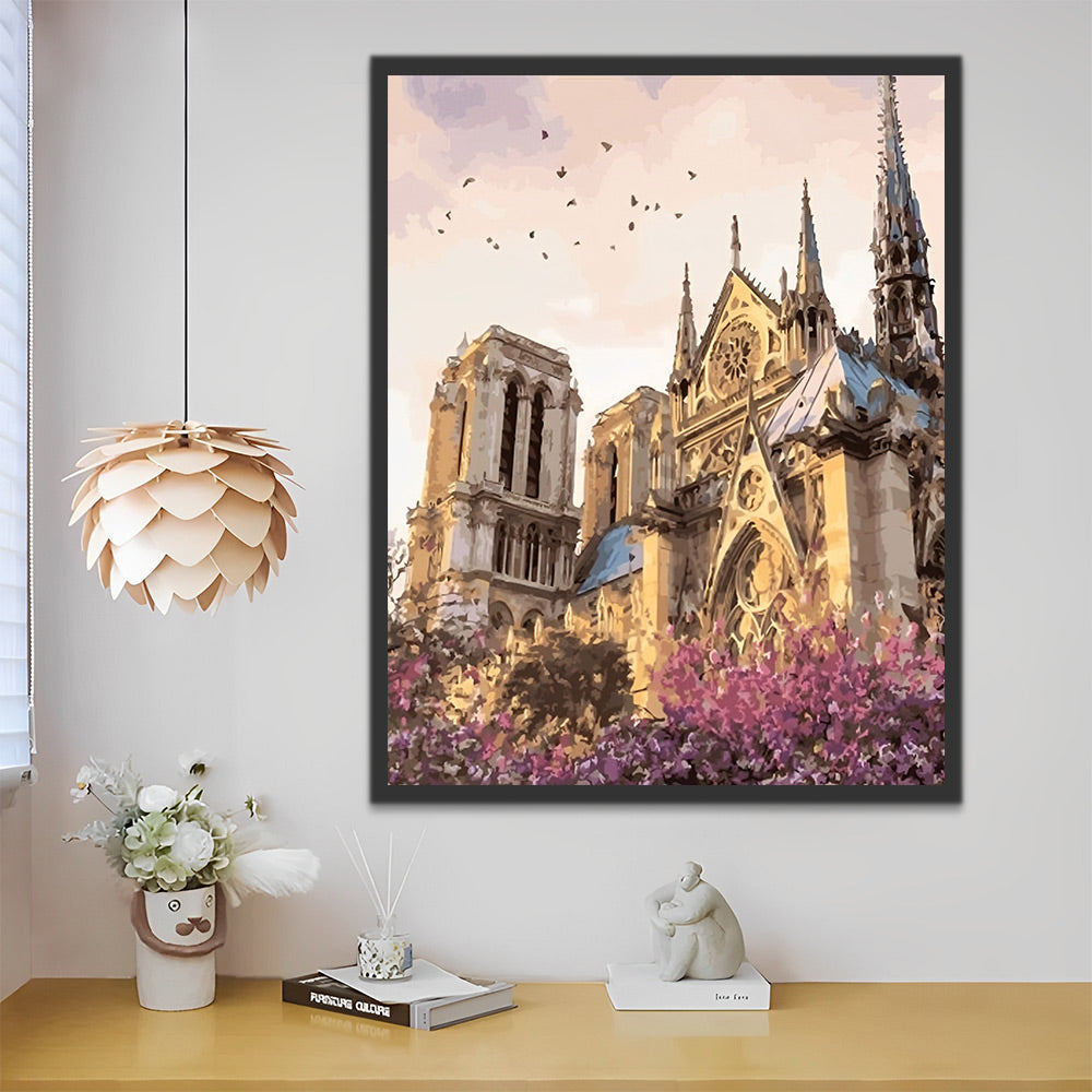 Kathedrale Notre-Dame de Paris und lila Blüten Malen nach Zahlen