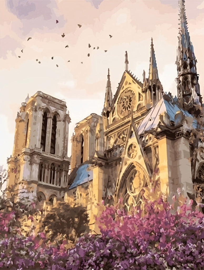 Kathedrale Notre-Dame de Paris und lila Blüten Malen nach Zahlen