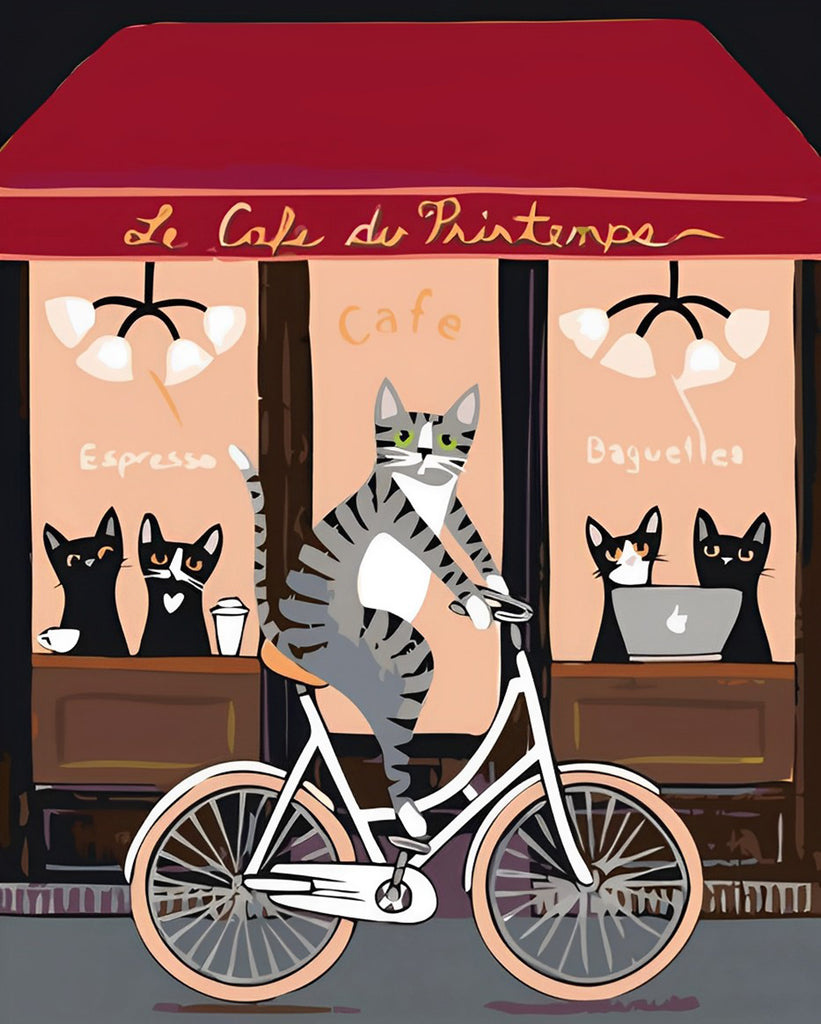 Katze, Fahrrad und Café Malen nach Zahlen