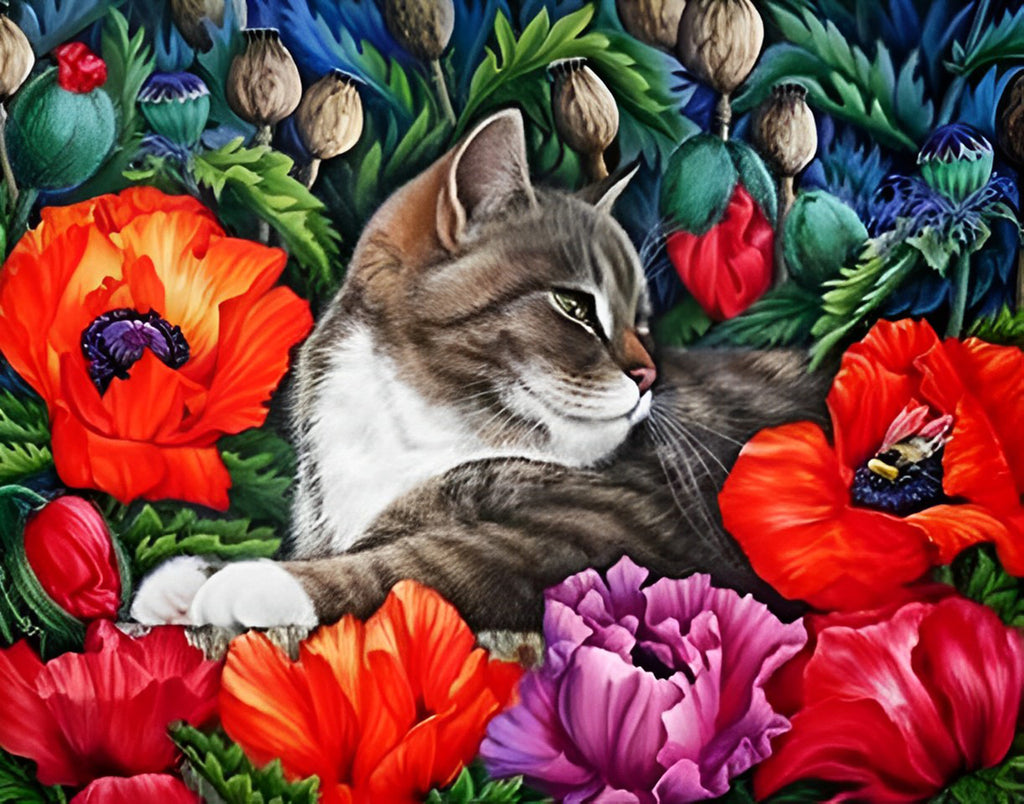 Katze in Mohnblumen Malen nach Zahlen