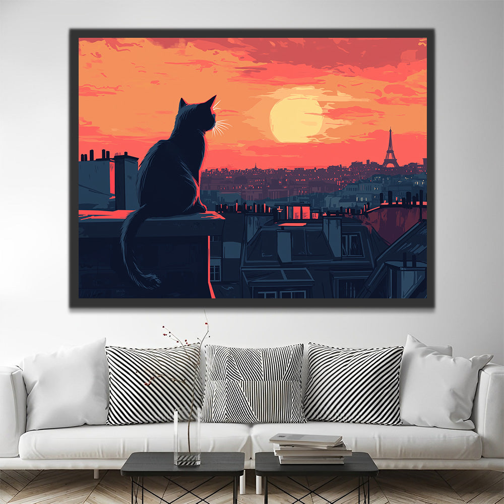 Katze in Paris bei Nacht Malen nach Zahlen