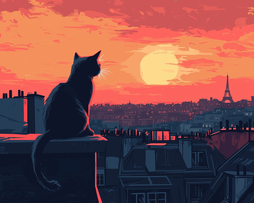 Katze in Paris bei Nacht Malen nach Zahlen