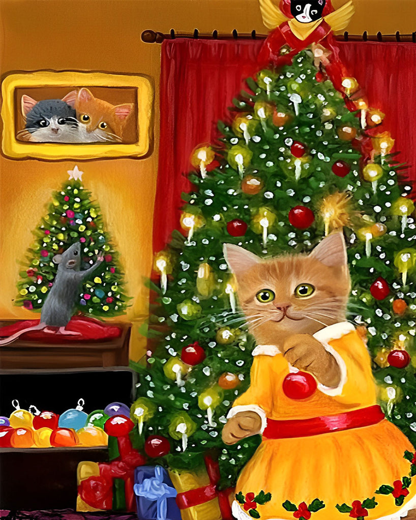 Katze, Maus und Weihnachtsbäume Malen nach Zahlen