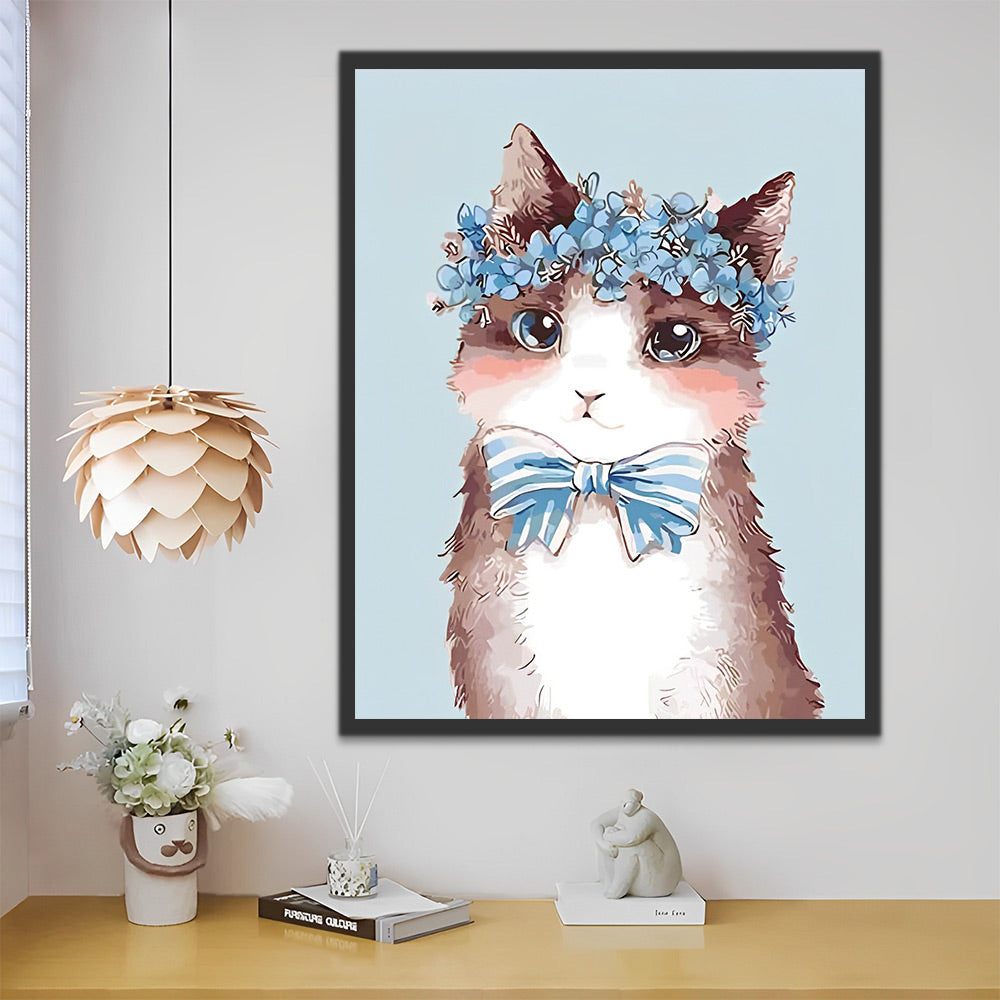 Katze mit blauen Blumen und Krawatte Malen nach Zahlen