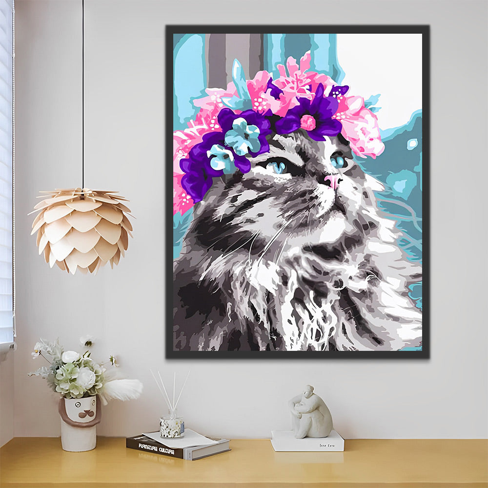 Katze mit Blumenkranz Malen nach Zahlen