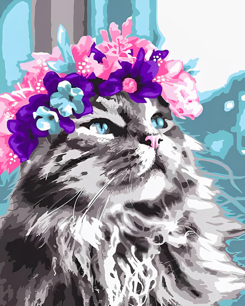 Katze mit Blumenkranz Malen nach Zahlen