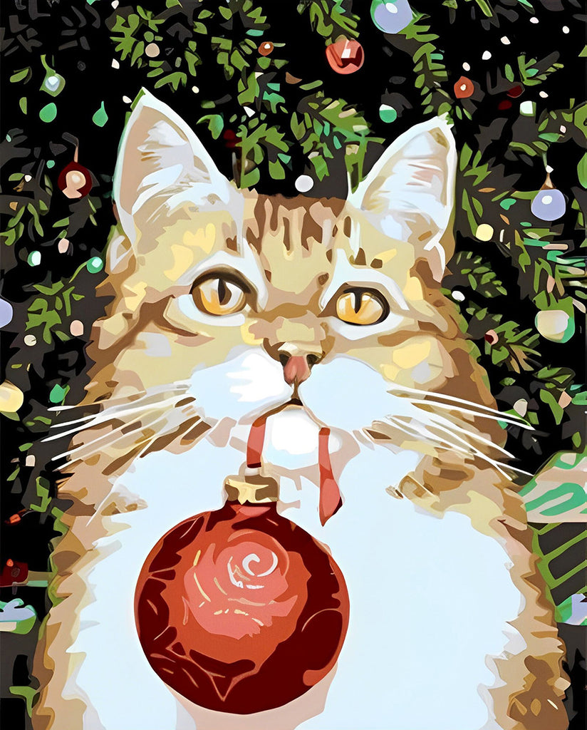 Katze mit Weihnachtskugel Malen nach Zahlen