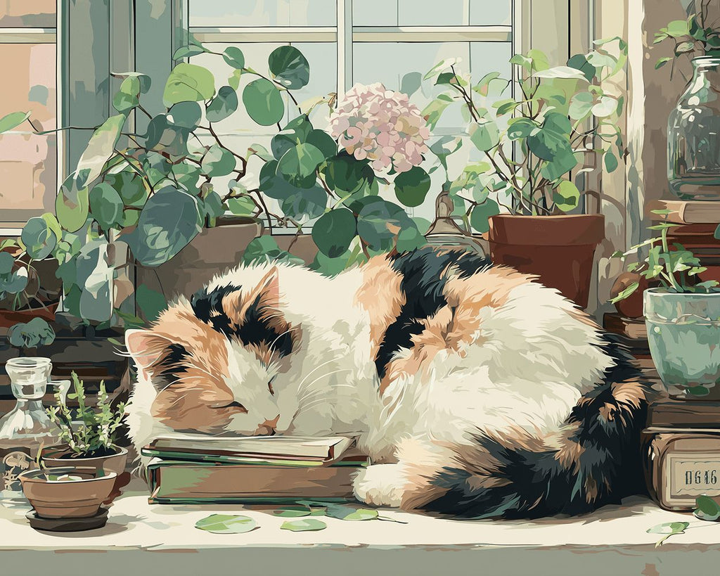 Katze schläft auf Büchern Malen nach Zahlen