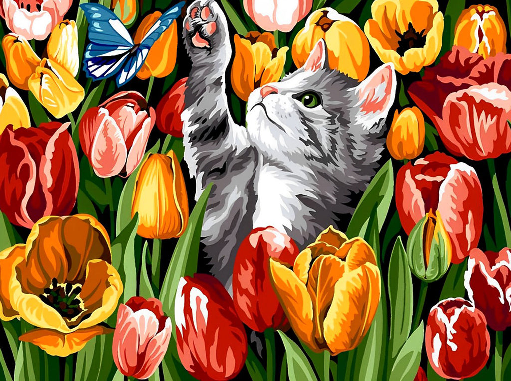 Katze, Schmetterling und Tulpen Malen nach Zahlen