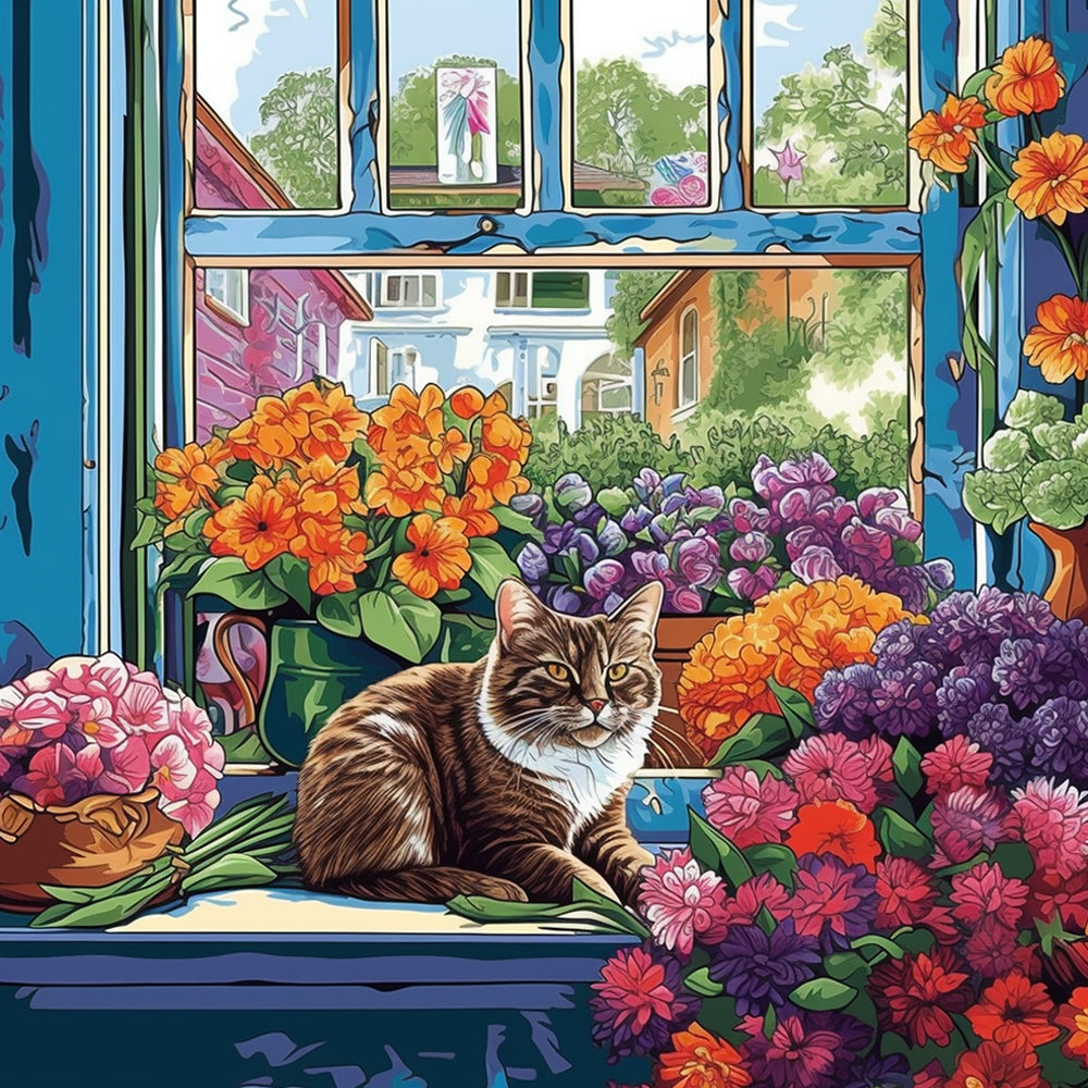 Katze und Blumen am Fenster Malen nach Zahlen