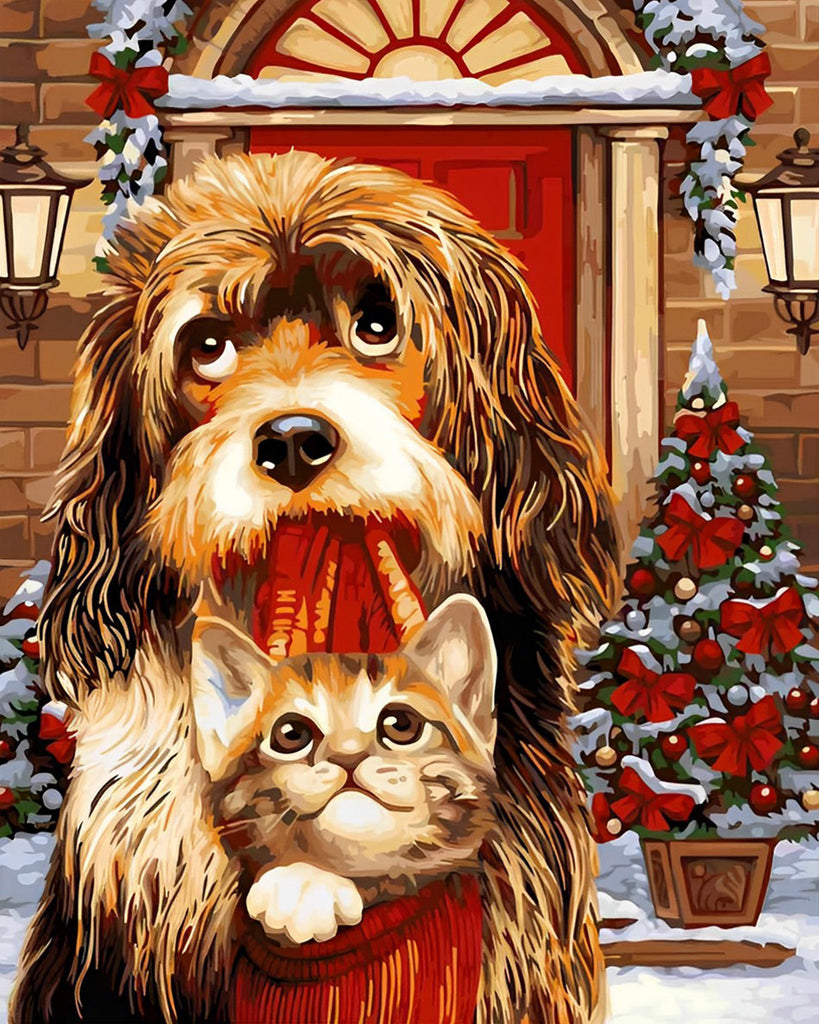 Katze und Hund an Weihnachten Malen nach Zahlen