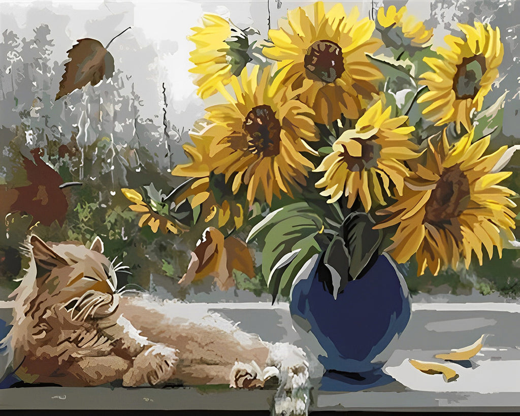 Katze und Sonnenblume Malen nach Zahlen