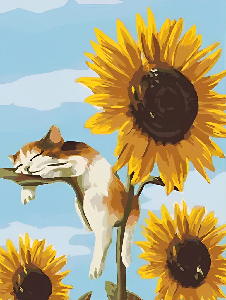 Katze und Sonnenblumen Malen nach Zahlen