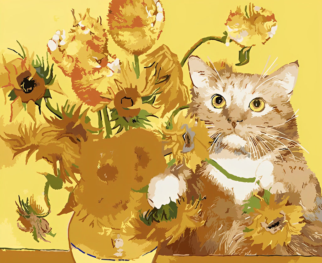 Katze und Sonnenblumen Malen nach Zahlen