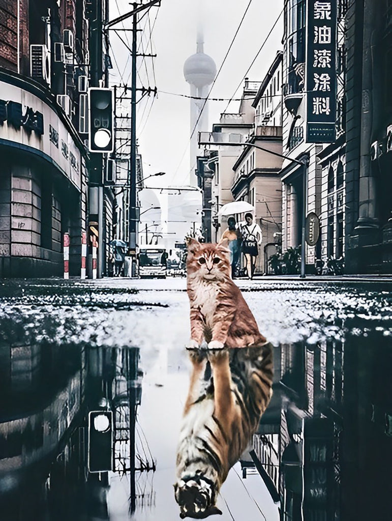 Katze und Tiger im Spiegelbild Malen nach Zahlen