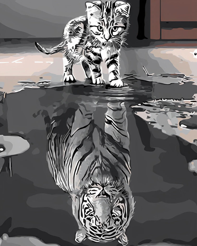 Katze und Tiger, Spiegelbild Malen nach Zahlen