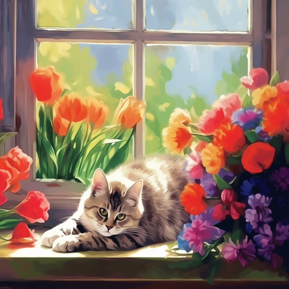 Katze und Tulpen auf der Fensterbank Malen nach Zahlen