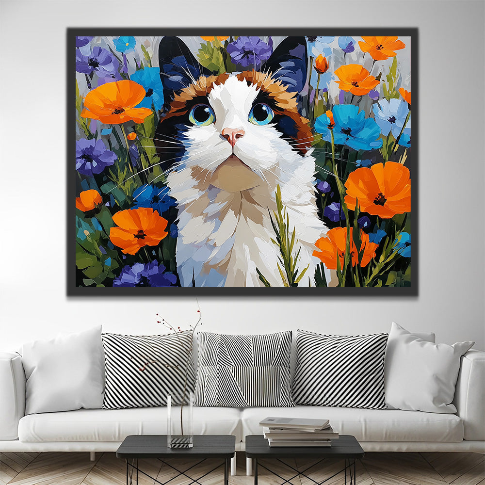 Katze zwischen bunten Mohnblumen Malen nach Zahlen