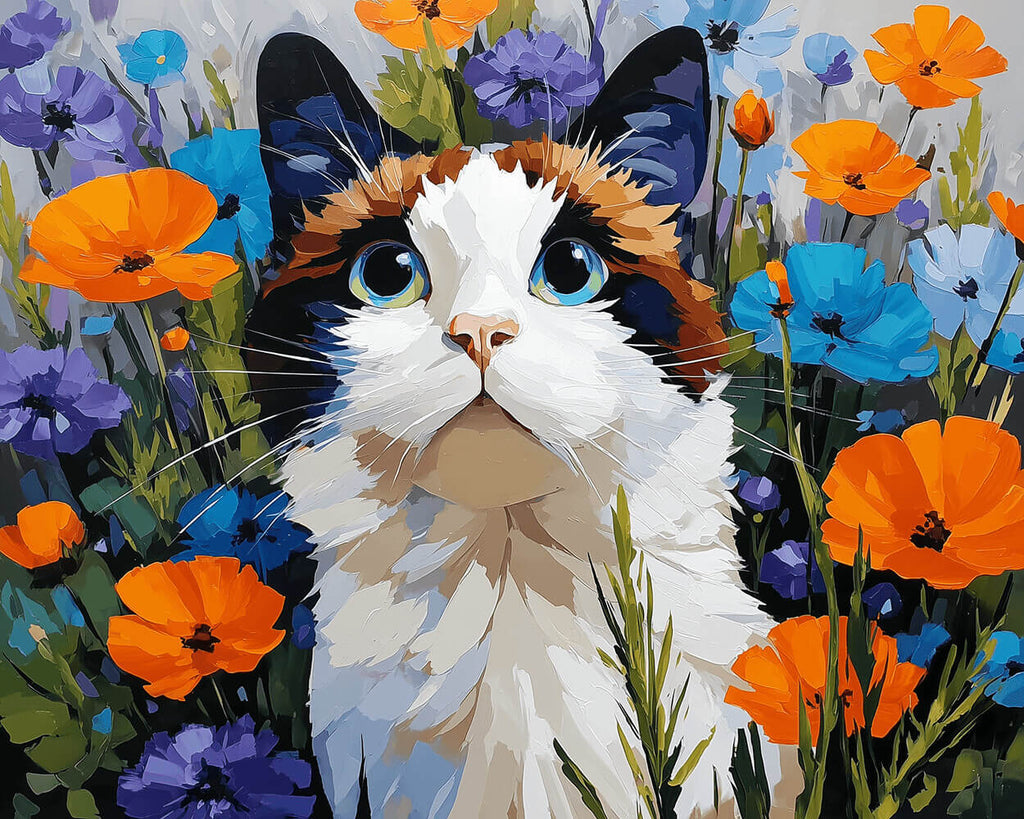 Katze zwischen bunten Mohnblumen Malen nach Zahlen