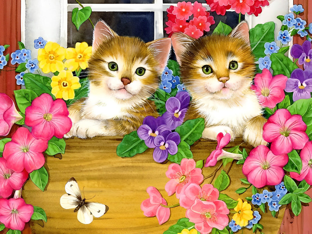 Katzen mit bunten Blumen Malen nach Zahlen