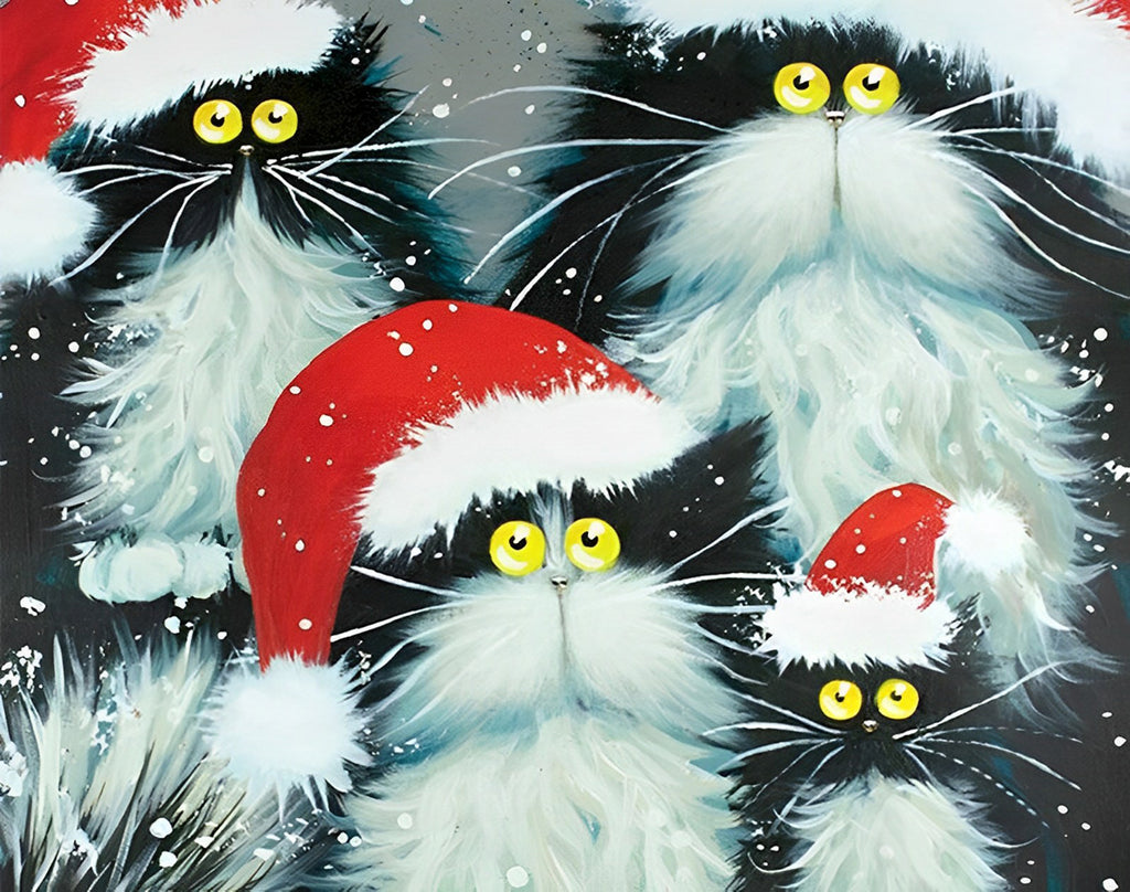 Katzenfamilie mit Weihnachtsmützen Malen nach Zahlen