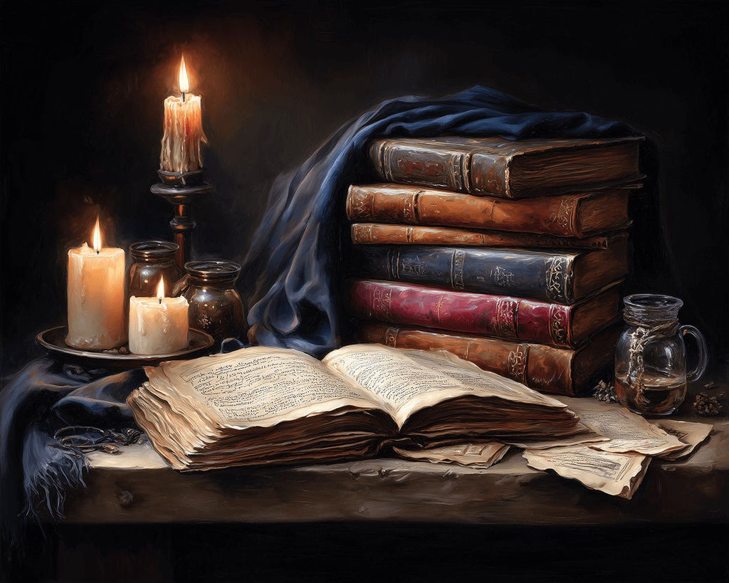 Klassische Bücher bei Kerzenschein Malen nach Zahlen