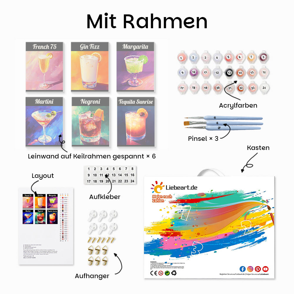 Klassischer Cocktail 6 Stück Mini Malen nach Zahlen