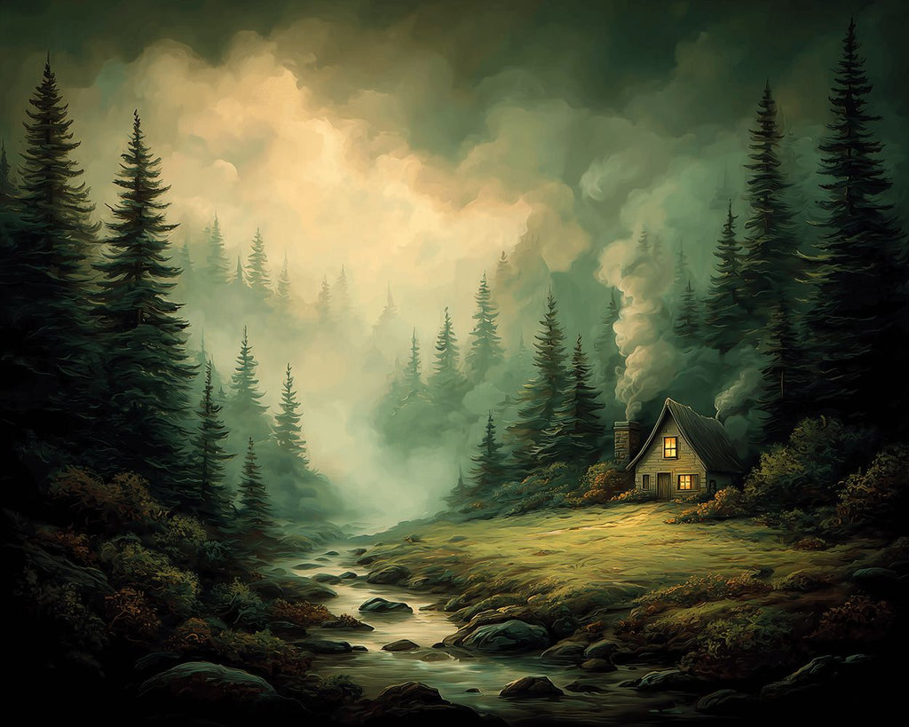 Kleines Haus im nebligen Wald Malen nach Zahlen