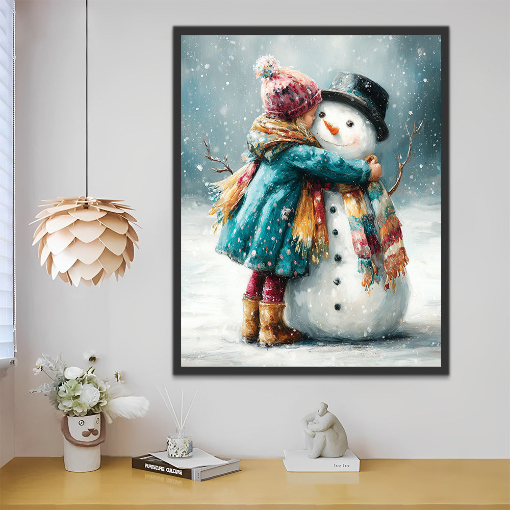 Kleines Mädchen umarmt einen Schneemann Malen nach Zahlen