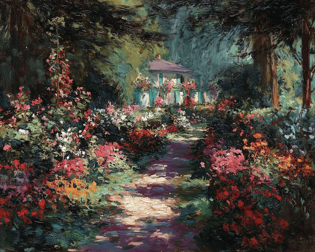 Kleines weißes Haus im Tal der Blumen Malen nach Zahlen