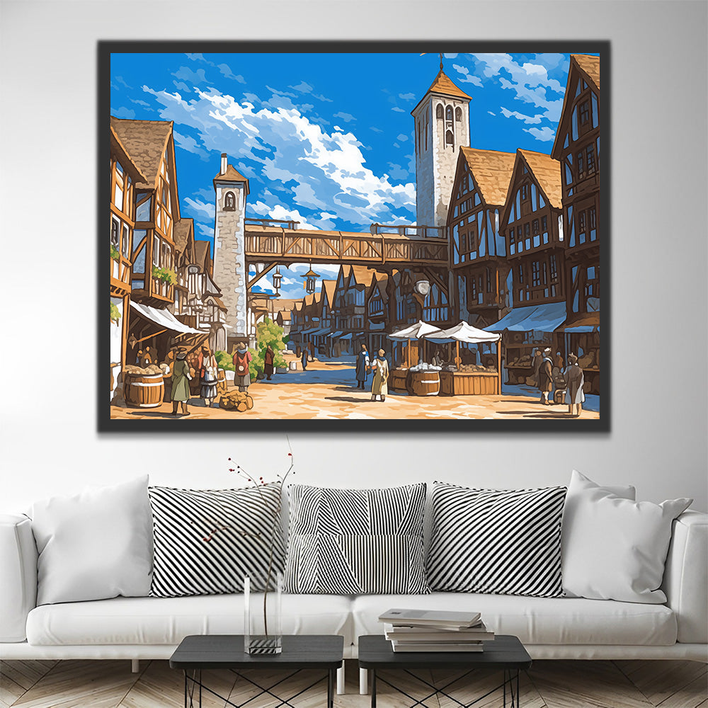 Kleinstadtmarkt unter dem blauen Himmel Malen nach Zahlen