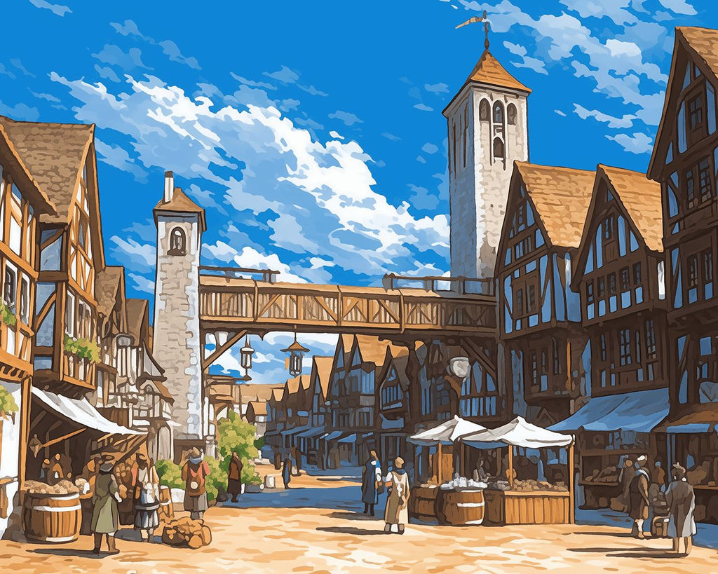 Kleinstadtmarkt unter dem blauen Himmel Malen nach Zahlen
