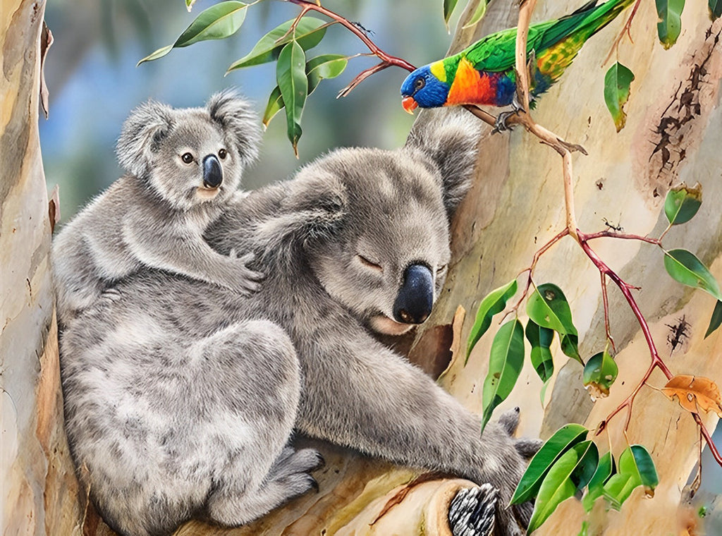 Koalas und Papagei auf dem Baum Malen nach Zahlen