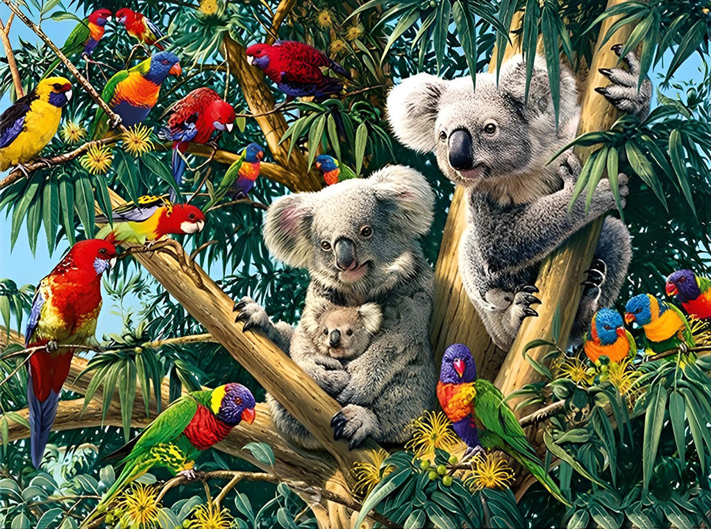 Koalas und Vögel auf dem Baum Malen nach Zahlen