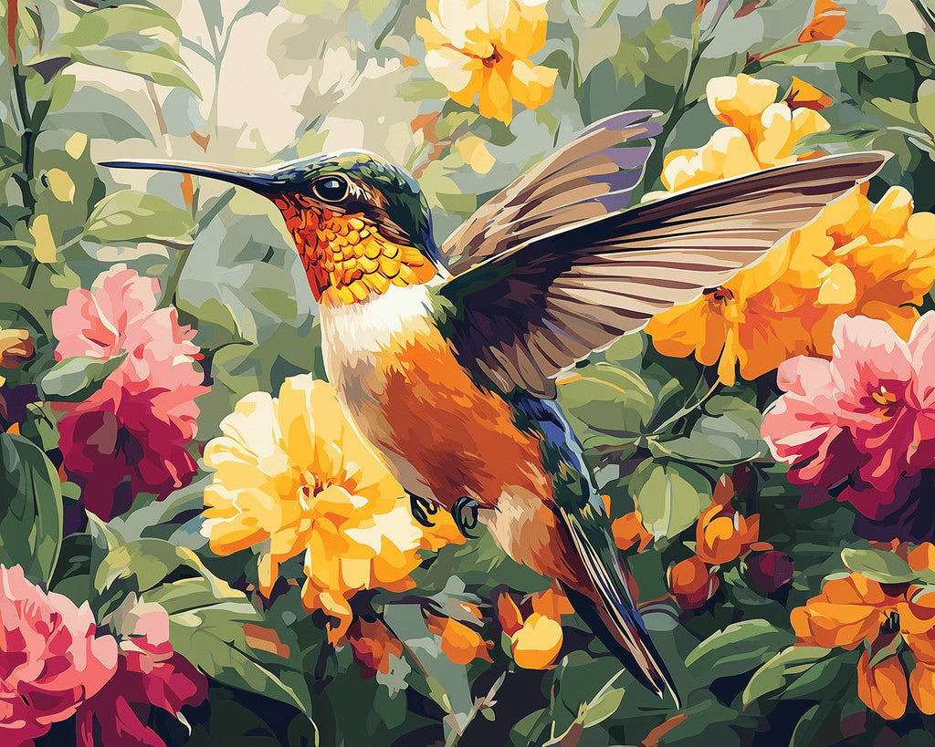 Kolibri in den dichten Blumen Malen nach Zahlen