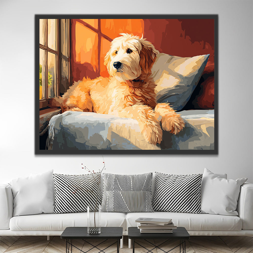 Labradoodle schaut aus dem Fenster Malen nach Zahlen