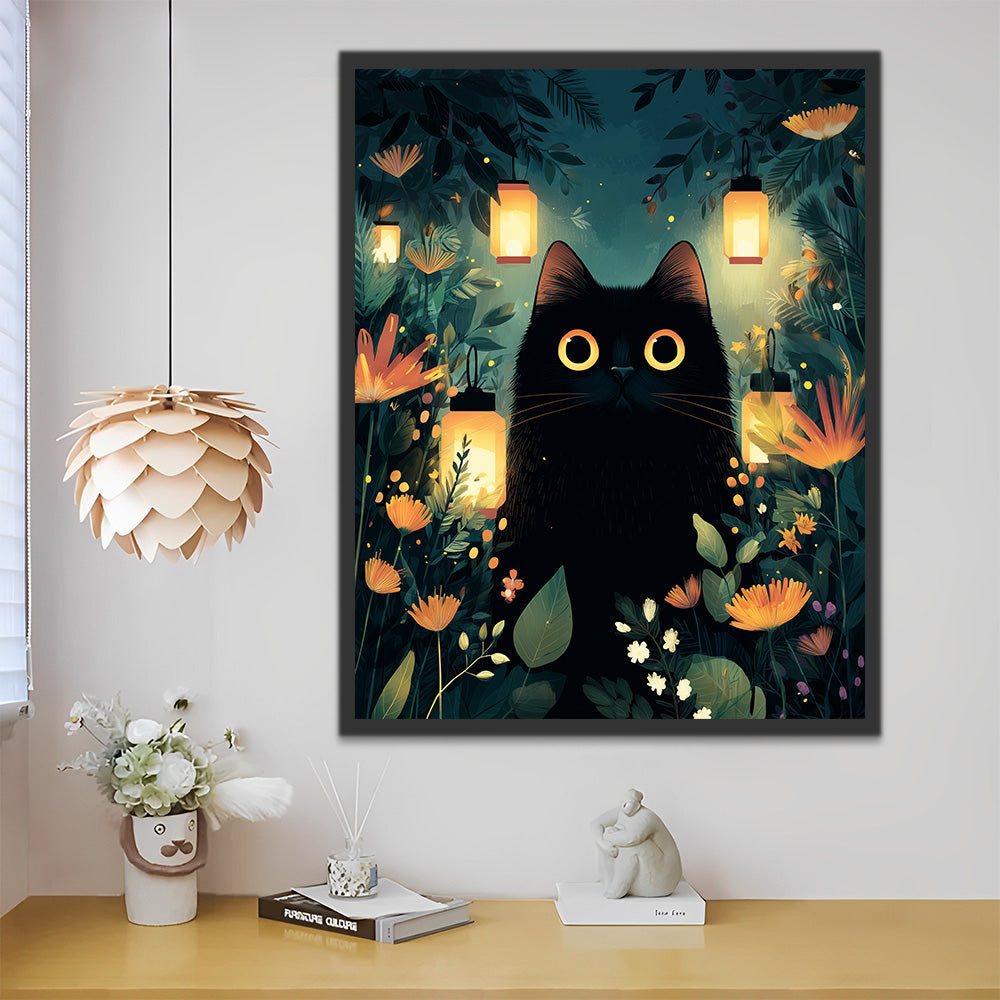 Lampen und schwarze Katze zwischen Blumen Malen nach Zahlen