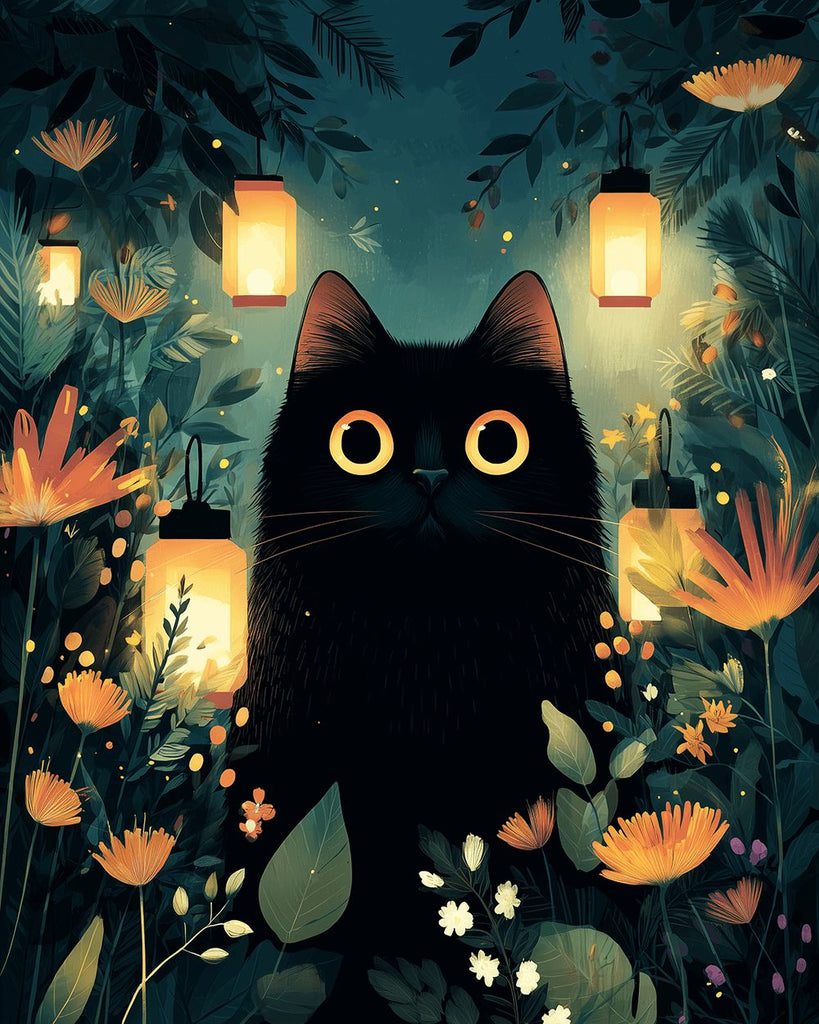 Lampen und schwarze Katze zwischen Blumen Malen nach Zahlen