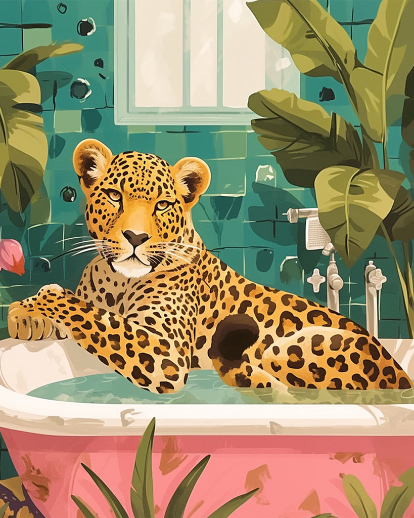 Leopard in der Badewanne Malen nach Zahlen