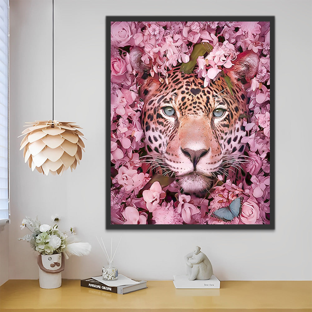 Leopard in rosa Blumen Malen nach Zahlen