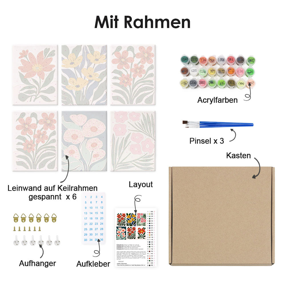 Leuchtend bunte Blumen inmitten grüner Blätter 6 Stück Mini Malen nach Zahlen
