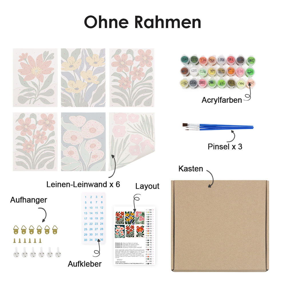 Leuchtend bunte Blumen inmitten grüner Blätter 6 Stück Mini Malen nach Zahlen