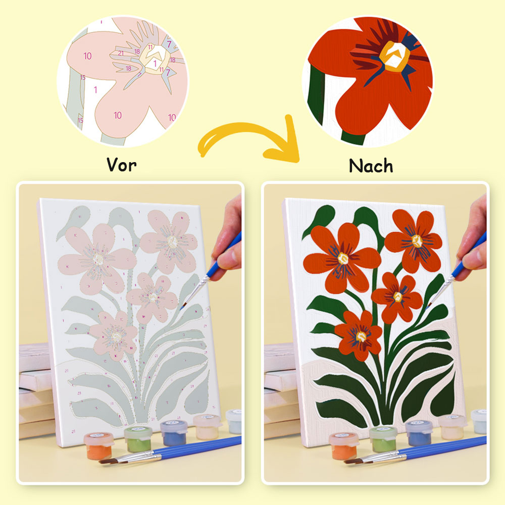 Leuchtend bunte Blumen inmitten grüner Blätter 6 Stück Mini Malen nach Zahlen