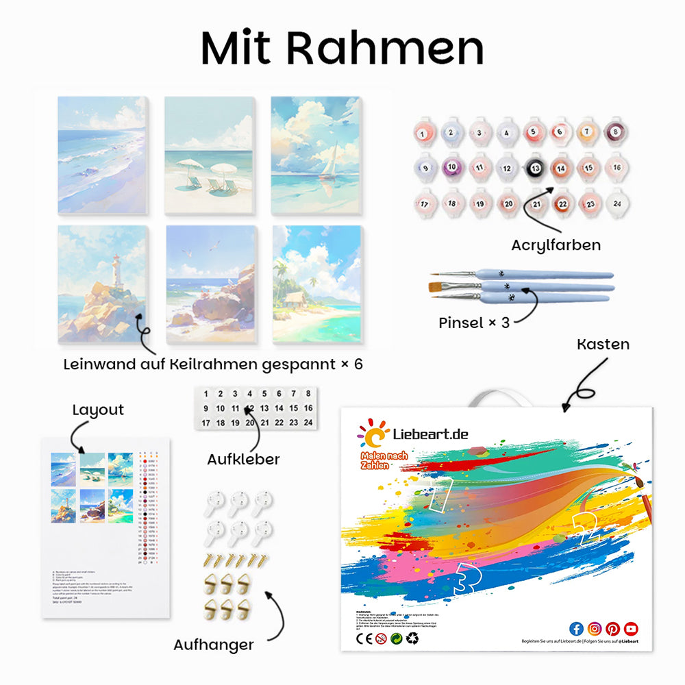 Leuchtturm und Boot am Meeresufer 6 Stück Mini Malen nach Zahlen