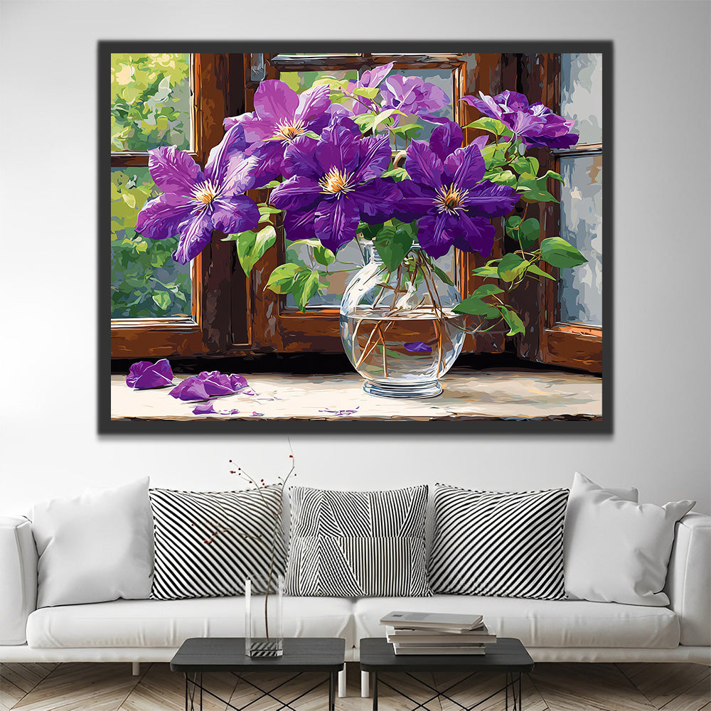 Lila Clematis auf der Fensterbank Malen nach Zahlen