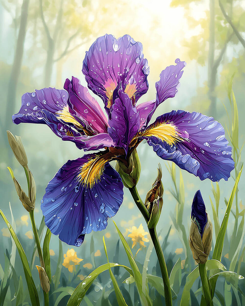 Lila Iris mit Tau in der Wildnis Malen nach Zahlen