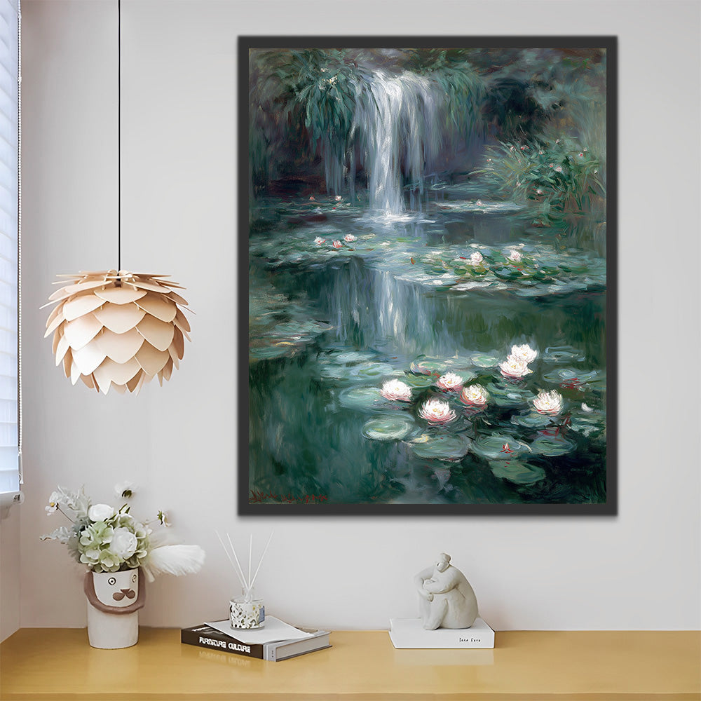 Lotusteich und Wasserfall Malen nach Zahlen